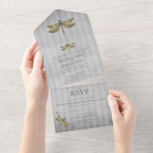 Gold Jeweled Dragonfly Wedding All In One Invitation