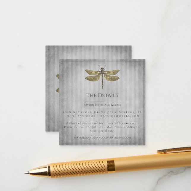 Gold Jeweled Dragonfly Wedding Enclosure Card (Front/Back In Situ)