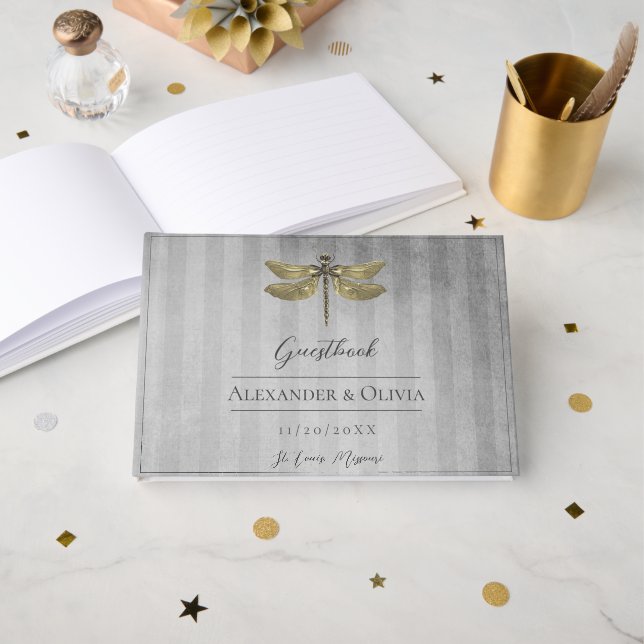 Gold Jeweled Dragonfly Wedding Guest Book (Front Open)