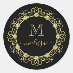 Gold Jeweled Frame Monogram with Name Classic Roun Classic Round Sticker