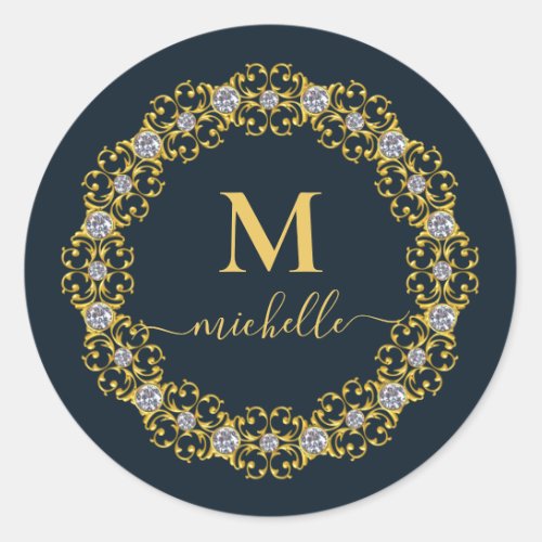Gold Jeweled Frame Monogram with Name Classic Roun Classic Round Sticker