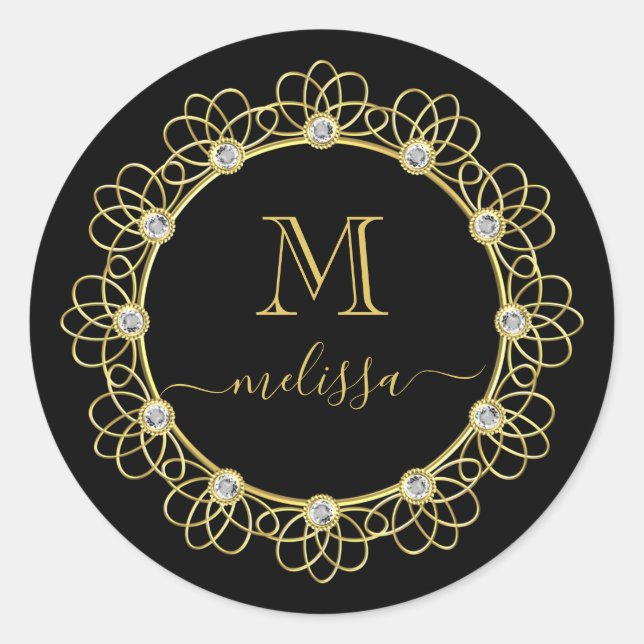 Gold Jeweled Frame Monogram with Name Classic Roun Round Sticker (Front)