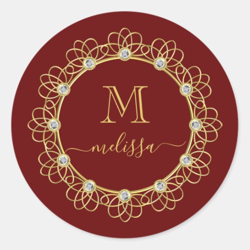 Gold Jeweled Frame Monogram with Name Classic Round Sticker