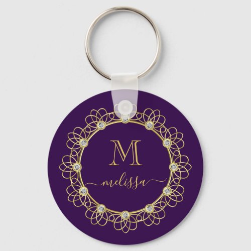 Gold Jeweled Frame Monogram with Name Keychain