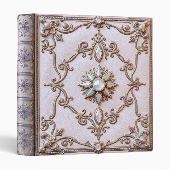 Gold Jeweled Pink Leather Rococo Fantasy 3 Ring Binder (Front/Spine)