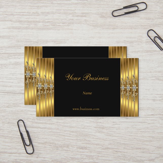 Gold Jewelled Black Elegant Classy Business Card (Front/Back In Situ)