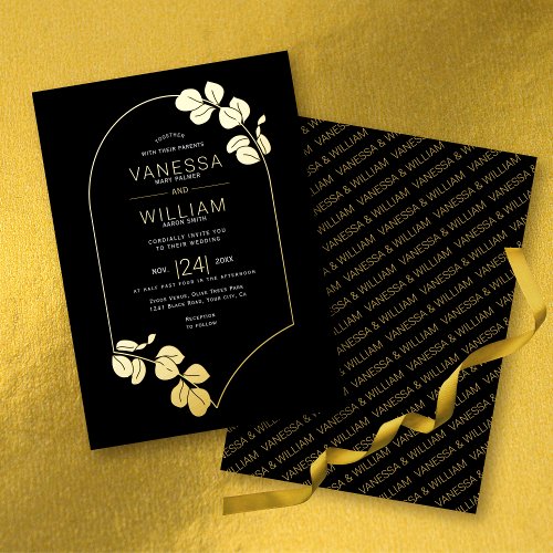 Gold jewelry inspired frame and leaves wedding foil invitation