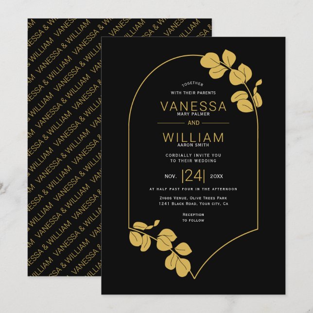 Gold jewelry inspired frame and leaves wedding invitation (Front/Back)