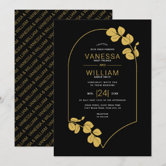 Gold jewelry inspired frame and leaves wedding invitation