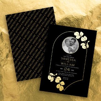Gold jewelry inspired frame, leaves photo wedding foil invitation