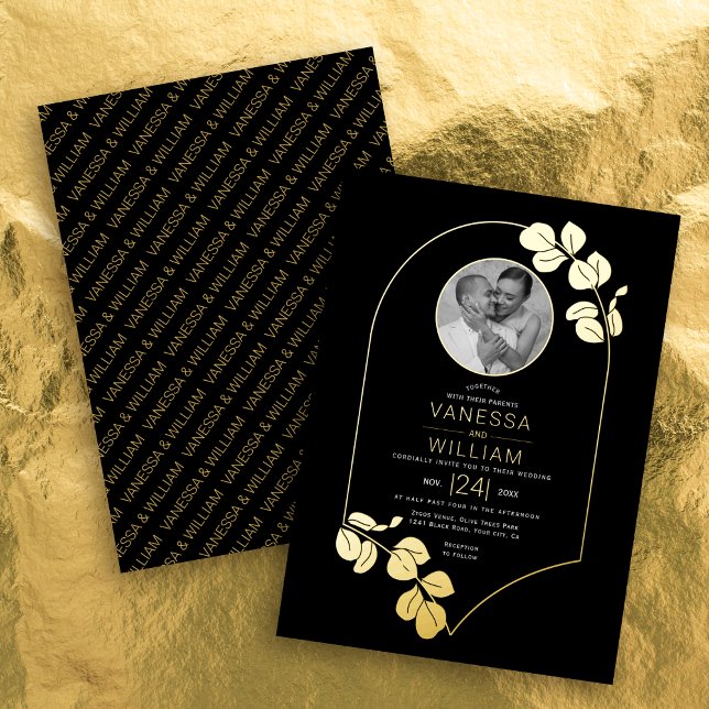 Gold jewelry inspired frame, leaves photo wedding foil invitation (Creator Uploaded)