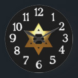 Gold Jewish Star Black Background Large Clock<br><div class="desc">This handsome Jewish Star clock is perfect for your home or office</div>