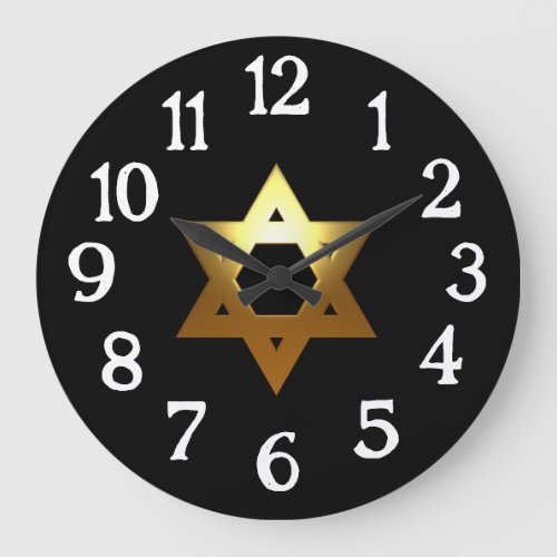 Gold Jewish Star Black Background Large Clock