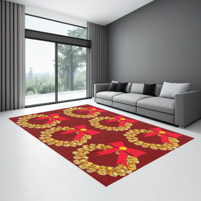Gold Jingle Bells Wreath Red Area Rug (Insitu (Indoor 3))