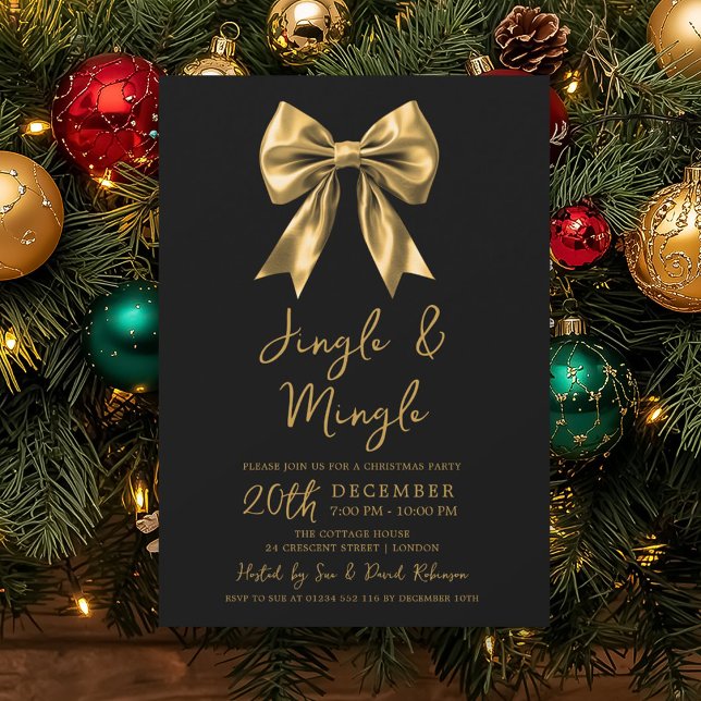 Gold Jingle & Mingle Christmas Party Bow Black Invitation (Gold Jingle & Mingle Christmas Party Bow Black Invitation)