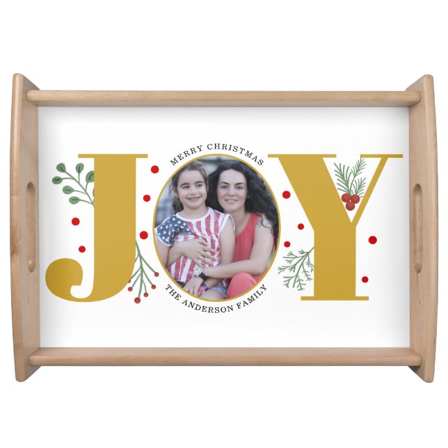 Gold Joy and berries Christmas holiday photo Serving Tray (Front)