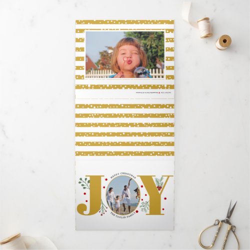 Gold joy and berries Christmas holiday photo Tri_Fold Holiday Card