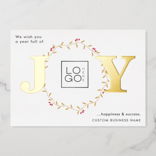Gold JOY Business Merry Christmas Custom Logo Real Foil Holiday Card