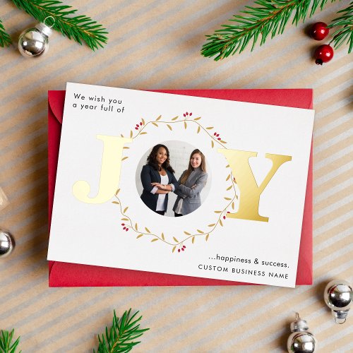 Gold JOY Business Merry Christmas Team Photo Real Foil Holiday Card