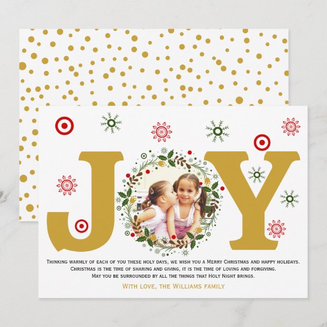 Gold Joy, Christmas floral wreath photo Holiday Card (Front/Back)