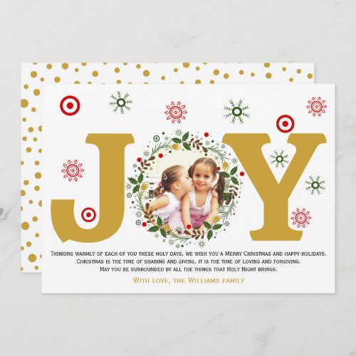 Gold Joy Christmas floral wreath photo Holiday Card