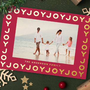 Gold JOY   Christmas Photo RED Magenta Frame Foil Holiday Card