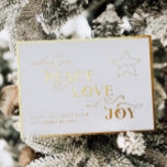 Gold Joy Foil Post Card Christmas Holiday Greeting<br><div class="desc">Celebrate the season with our peace,  love & joy holiday photo card featuring modern calligraphy and ornate lettering - the perfect way to personalize a greeting to your family and friends.</div>