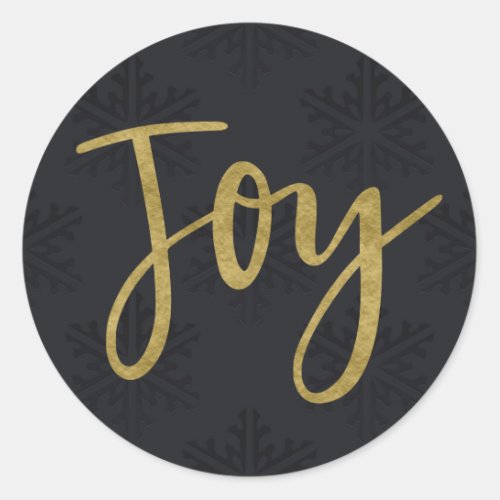 Gold JOY Modern Holiday Winter Black Snowflakes Classic Round Sticker