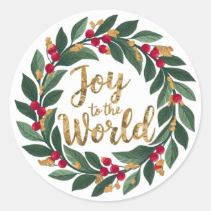 Gold Joy to the World Red Berry Wreath Christmas Classic Round Sticker