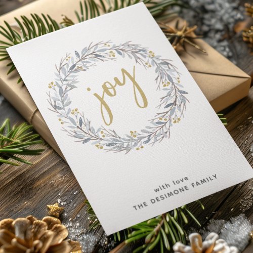 Gold Joy Watercolor Botanical Wreath Christmas Holiday Card