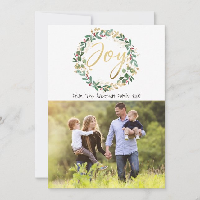 Gold Joy Wreath Christmas Family Photo card (Front)