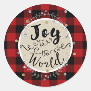 Gold Joy Wreath Holiday Red Buffalo Plaid Classic Round Sticker