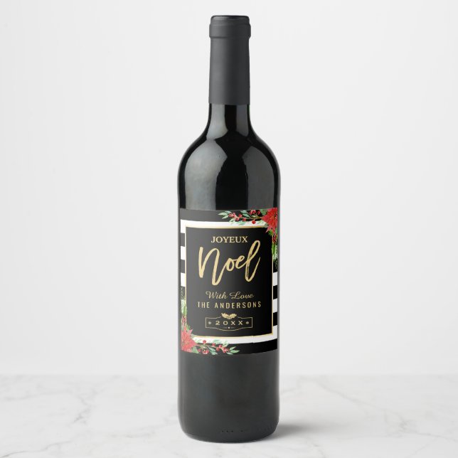 Gold Joyeux Noel Merry Christmas Poinsettia Floral Wine Label (Front)