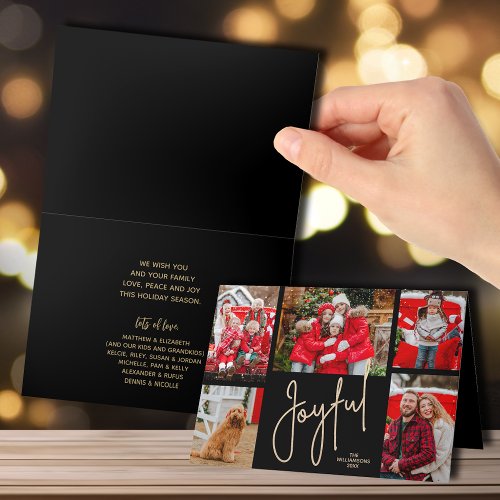 Gold JOYFUL 5 Photo Folded Black Christmas Holiday Card