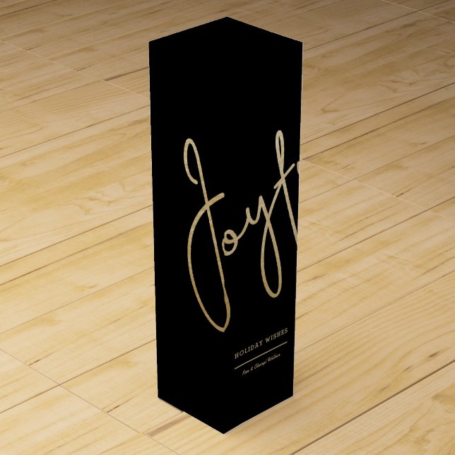 Gold JOYFUL Holiday Wishes on Black Wine Box (Front)