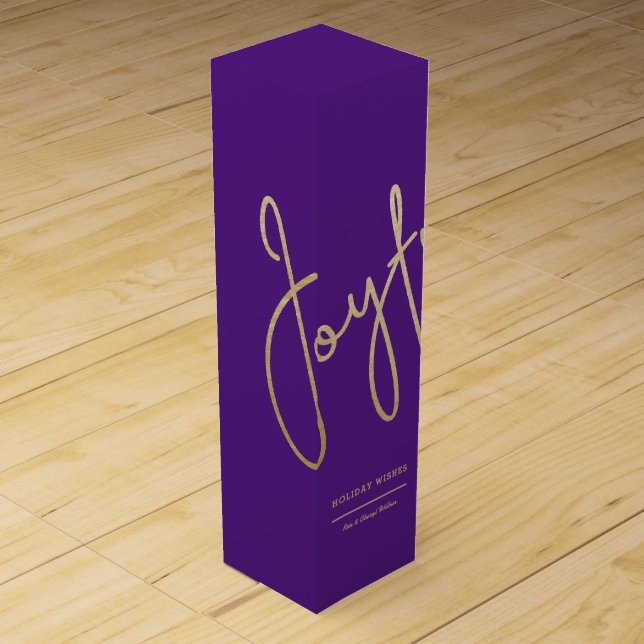 Gold JOYFUL Holiday Wishes on Purple Wine Box (Front)