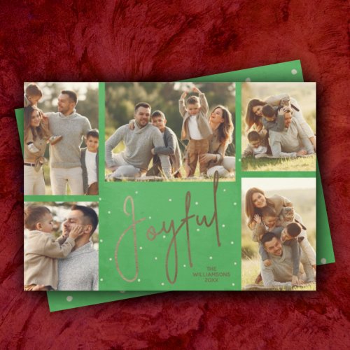 Gold JOYFUL Multi Photo Christmas Green Holiday Card