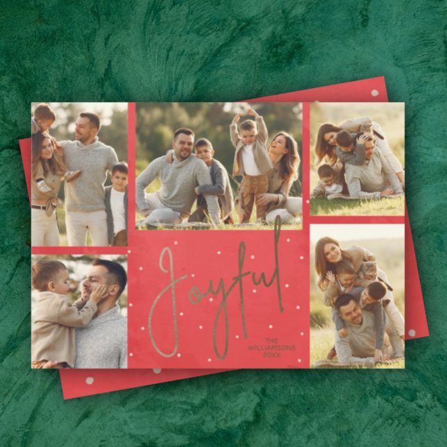 Gold JOYFUL Multi Photo Red Christmas Holiday Card (Creator Uploaded)