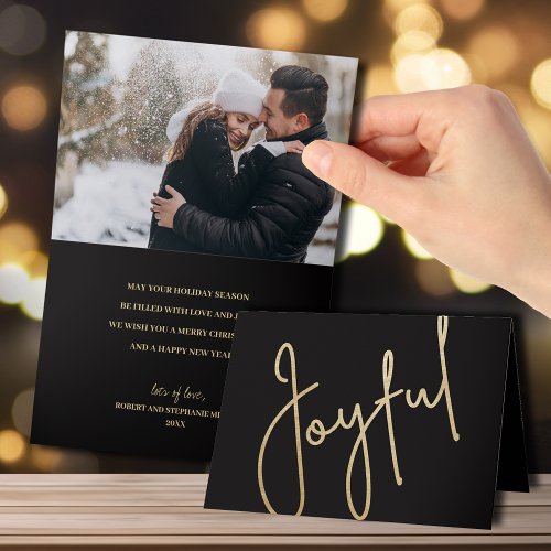 Gold Joyful on Black Folded Christmas Photo Card