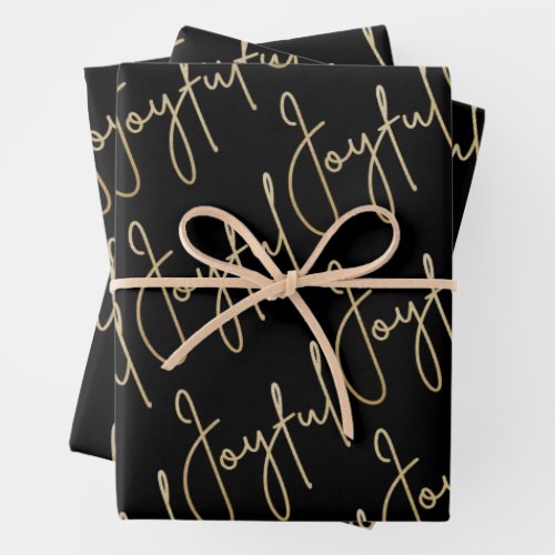 Gold JOYFUL on Black Wrapping Paper Sheets