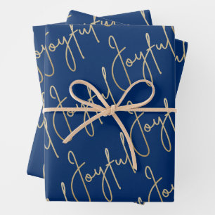 Gold JOYFUL on Blue Wrapping Paper Sheets