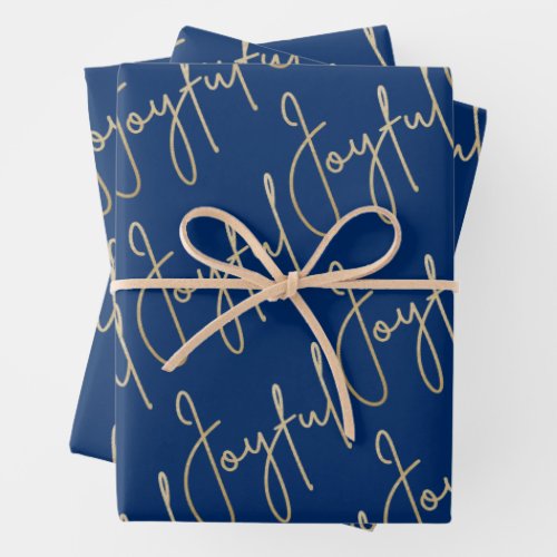 Gold JOYFUL on Blue Wrapping Paper Sheets
