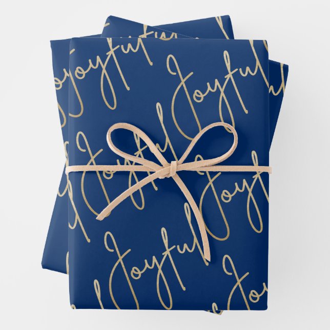 Gold JOYFUL on Blue Wrapping Paper Sheets (In situ)