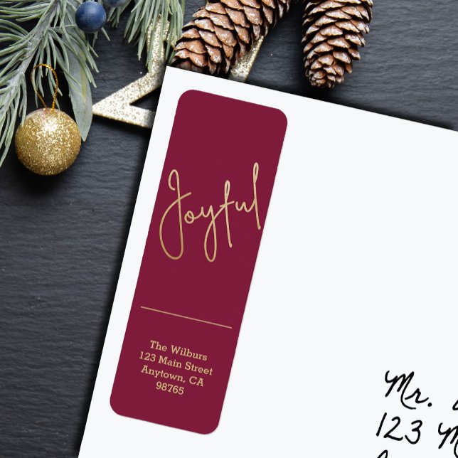 Gold JOYFUL on Cranberry Christmas Return Address Label (Gold script JOYFUL on cranberry red Christmas holiday vertical skinny return address labels
)