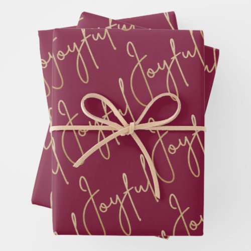 Gold JOYFUL on Cranberry Wrapping Paper Sheets