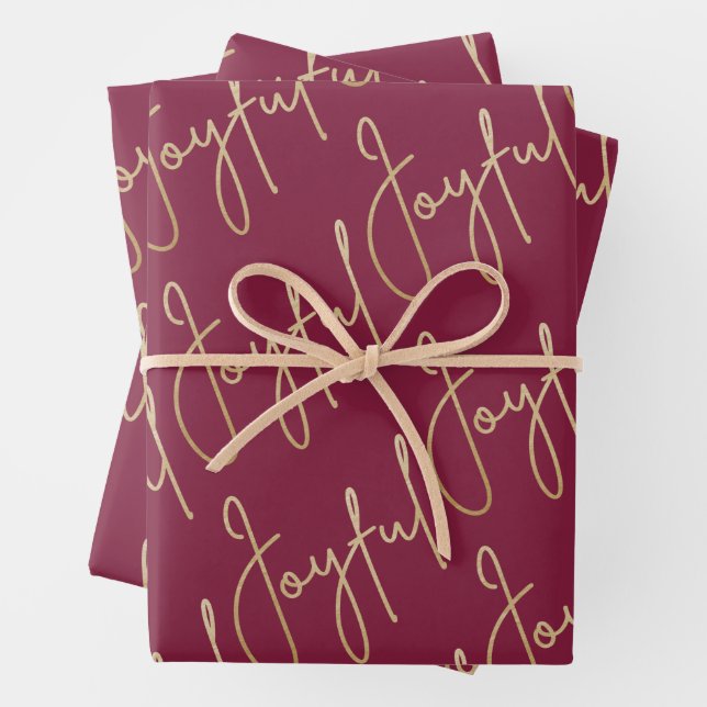 Gold JOYFUL on Cranberry Wrapping Paper Sheets (In situ)