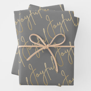 Gold JOYFUL on Gray Christmas Wrapping Paper Sheets