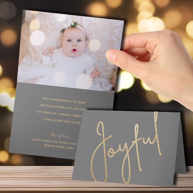 Gold Joyful on Gray Folded Photo Christmas Card (Creator Uploaded)