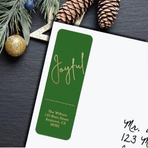 Gold JOYFUL on Green Christmas Return Address Label