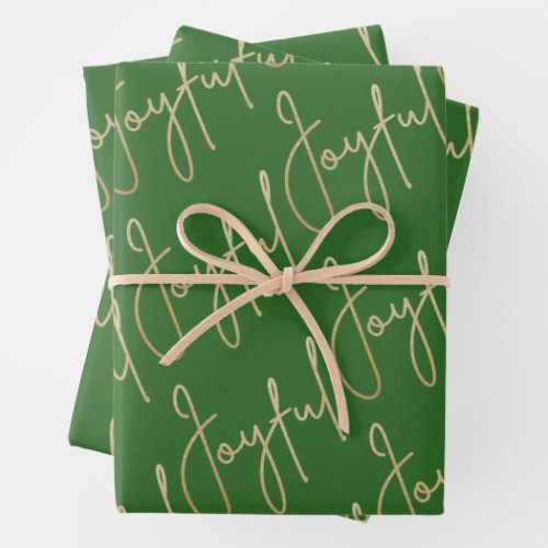 Gold JOYFUL on Green Wrapping Paper Sheets